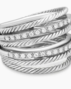 Crossover Ring Sterling Silver with Diamonds, 17.8mm