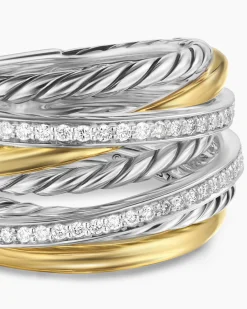 Crossover Seven Row Ring Sterling Silver with 18K Yellow Gold and Diamonds, 16mm