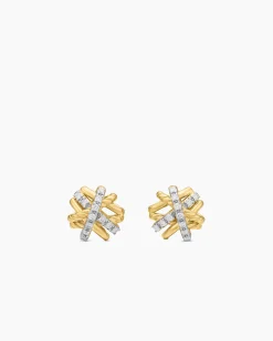 Crossover Stud Earrings 18K Yellow Gold with Diamonds, 11mm