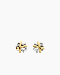 Crossover Stud Earrings Sterling Silver with 18K Yellow Gold, 11mm