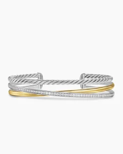 Crossover Three Row Bracelet Sterling Silver with 18K Yellow Gold and Diamonds, 11mm
