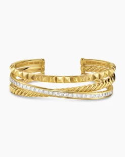 Crossover Trio Three Row Cuff Bracelet 18K Yellow Gold with Diamonds, 20mm