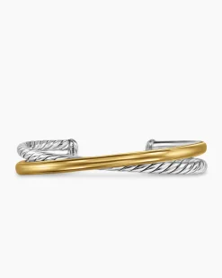 Crossover Two Row Cuff Bracelet Sterling Silver with 14K Yellow Gold, 10.7mm