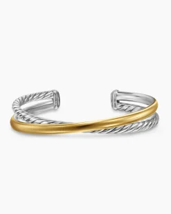 Crossover Two Row Cuff Bracelet Sterling Silver with 14K Yellow Gold, 10.7mm