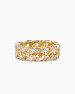 Curb Chain Band Ring 18K Yellow Gold with Diamonds, 8mm