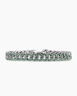 Curb Chain Bracelet 18K White Gold with Emeralds, 8mm