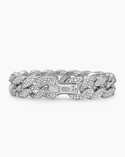 Curb Chain Bracelet Sterling Silver with Diamonds, 18mm