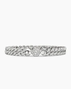 Curb Chain Bracelet Sterling Silver with Diamonds, 7mm