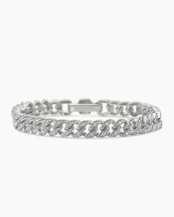 Curb Chain Bracelet Sterling Silver with Diamonds, 7mm