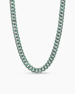 Curb Chain Necklace 18K White Gold with Emeralds, 11.5mm