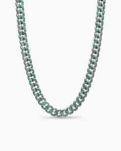 Curb Chain Necklace 18K White Gold with Emeralds, 11.5mm