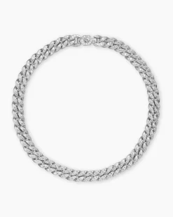 Curb Chain Necklace Sterling Silver with Diamonds, 11.5mm
