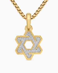 Deco Star of David Pendant 18K Yellow Gold with Diamonds, 19.5mm