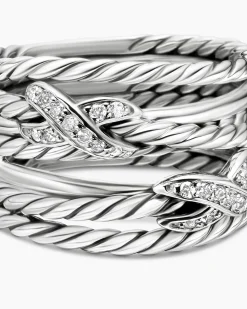 Double X Crossover Ring Sterling Silver with Diamonds, 13mm