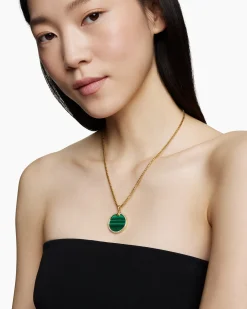 DY Elements® Disc Pendant 18K Yellow Gold with Malachite and Diamond Rim, 24mm