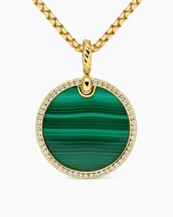 DY Elements® Disc Pendant 18K Yellow Gold with Malachite and Diamond Rim, 24mm