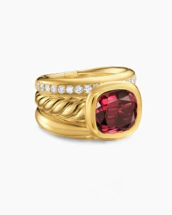 DY Mercer® Color Three Row Stone Ring 18K Yellow Gold with Rhodolite Garnet and Diamonds, 12mm