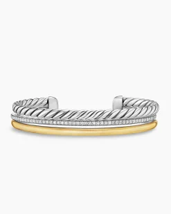 DY Mercer® Three Row Cuff Bracelet Sterling Silver with 18K Yellow Gold and Diamonds, 10.4mm