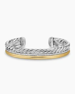 DY Mercer® Three Row Cuff Bracelet Sterling Silver with 18K Yellow Gold and Diamonds, 10.4mm