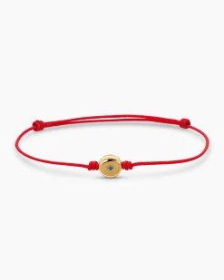 Evil Eye Cord Bracelet Red Nylon with 18K Yellow Gold and Sapphire, 7.7mm