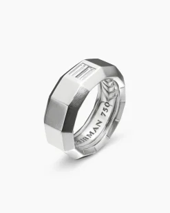 Faceted Band Ring 18K White Gold with Center Diamond, 8mm