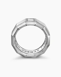 Faceted Band Ring 18K White Gold with Center Diamond, 10mm