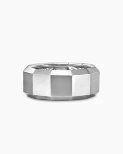 Faceted Band Ring 18K White Gold with Center Diamond, 10mm