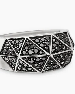 Faceted Signet Ring Sterling Silver with Black Diamonds, 11.3mm