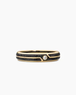 Forged Carbon Band Ring 18K Yellow Gold with Center Diamond, 4mm