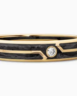 Forged Carbon Band Ring 18K Yellow Gold with Center Diamond, 4mm