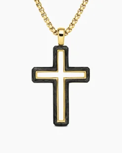 Forged Carbon Cross Pendant 18K Yellow Gold, 37mm