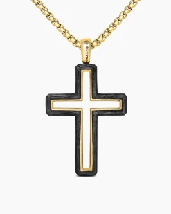 Forged Carbon Cross Pendant 18K Yellow Gold, 37mm