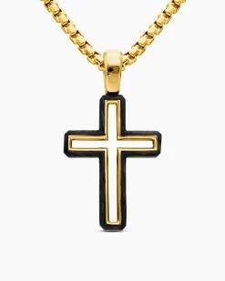 Forged Carbon Cross Pendant 18K Yellow Gold, 24mm