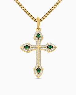 Gothic Cross Pendant 18K Yellow Gold with Diamonds and Emeralds, 36.5mm