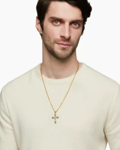 Gothic Cross Pendant 18K Yellow Gold with Diamonds and Emeralds, 36.5mm