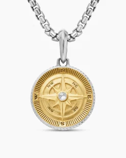 Maritime® Compass Amulet Sterling Silver with 18K Yellow Gold and Center Diamond, 20mm
