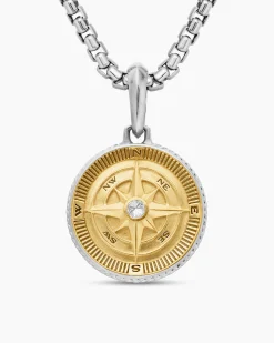 Maritime® Compass Amulet Sterling Silver with 18K Yellow Gold and Center Diamond, 20mm