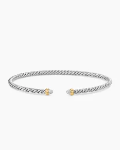 Micro Cable Flex® Bracelet Sterling Silver with 14K Yellow Gold and Pavé Diamond Domes, 2.6mm