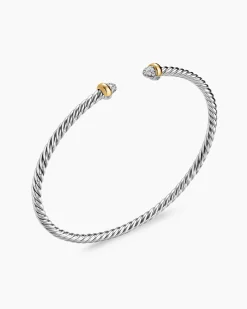 Micro Cable Flex® Bracelet Sterling Silver with 14K Yellow Gold and Pavé Diamond Domes, 2.6mm