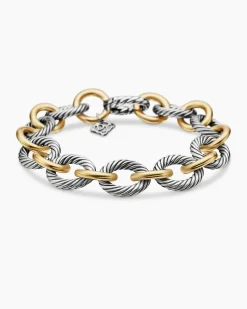Oval Link Chain Bracelet Sterling Silver with 18K Yellow Gold, 12mm