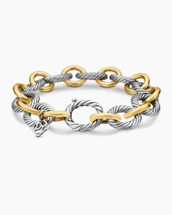 Oval Link Chain Bracelet Sterling Silver with 18K Yellow Gold, 12mm