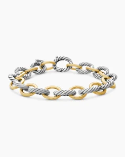 Oval Link Chain Bracelet Sterling Silver with 18K Yellow Gold, 10mm