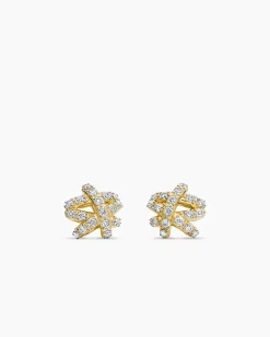 Pavé Crossover Stud Earrings 18K Yellow Gold with Diamonds, 9mm