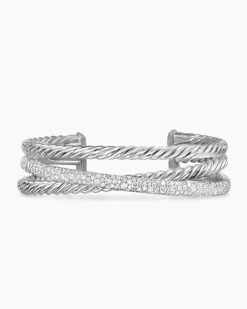 Pavé Crossover Three Row Cuff Bracelet Sterling Silver with Diamonds, 20mm