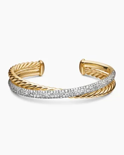 Pavé Crossover Two Row Cuff Bracelet 18K Yellow Gold with Diamonds, 10.7mm
