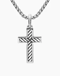 Pavé Cross Pendant Sterling Silver with Black Diamonds, 28mm