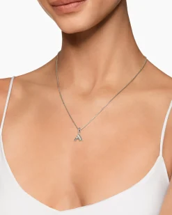 Pavé Initial Pendant Necklace Sterling Silver with Diamond A