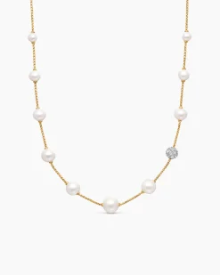 Pearl and Pavé Station Necklace 18K Yellow Gold with Pearls and Diamonds