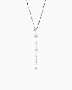 Pearl and Pavé Y Necklace Sterling Silver with Pearls and Diamonds