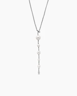 Pearl and Pavé Y Necklace Sterling Silver with Pearls and Diamonds